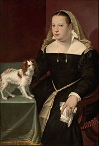 Portrett av en dame med en liten hund